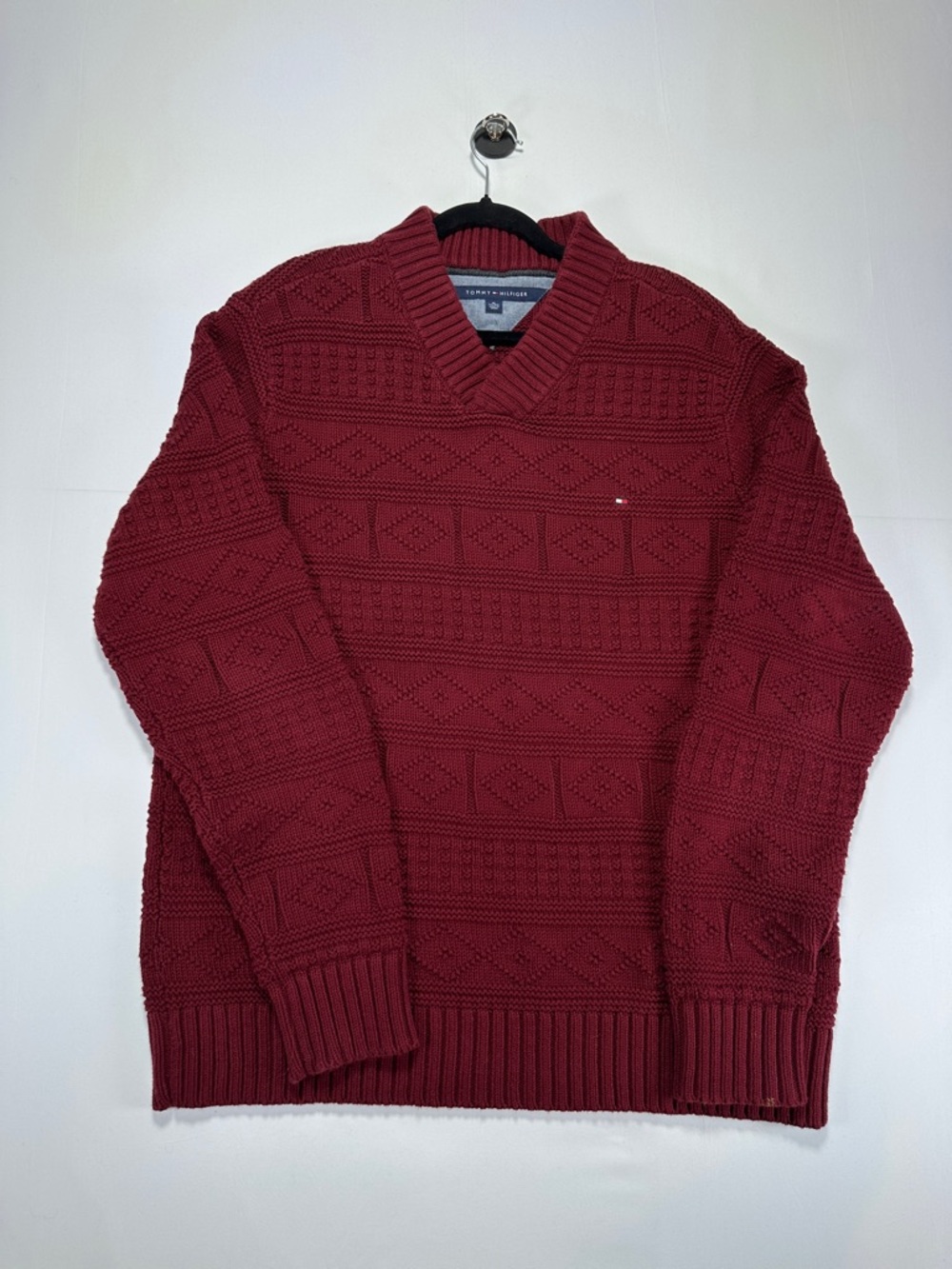 Tommy Hilfiger Textured Cotton V Neck Sweater Burgundy Knit Size XL